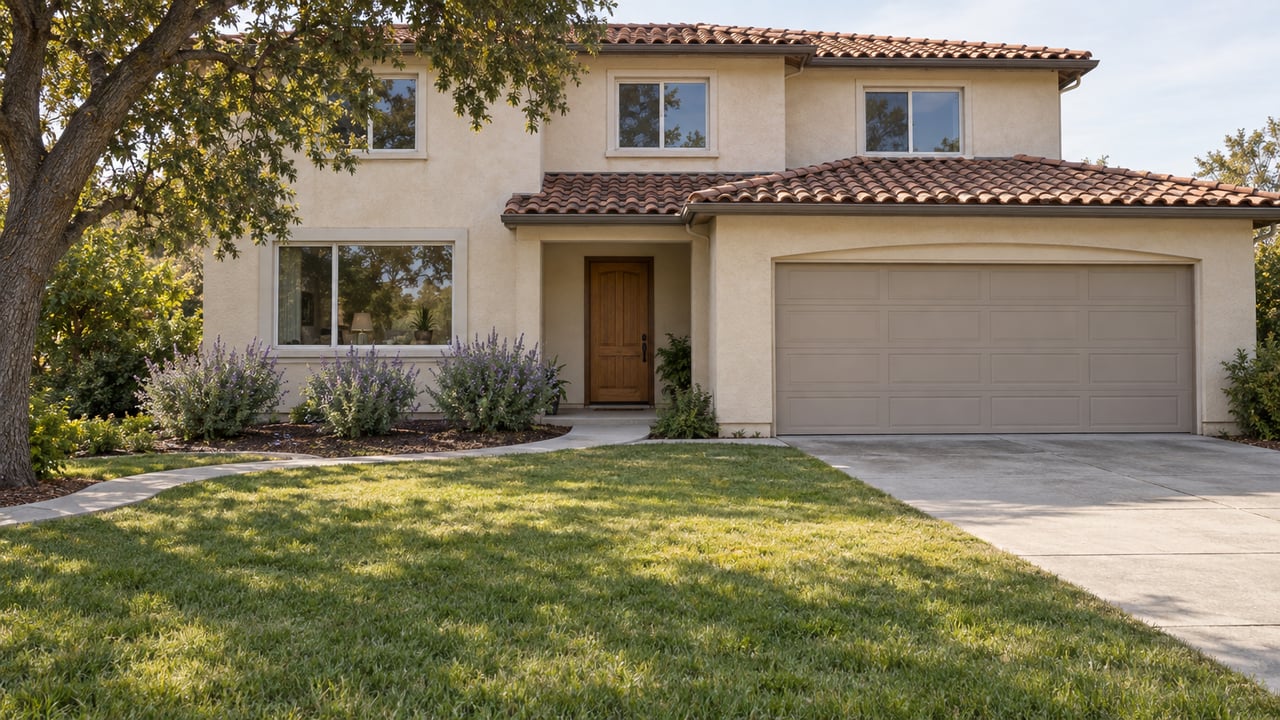 Two-story ivory stucco home with a tile roof, attached garage, deep front lawn and mature oak.