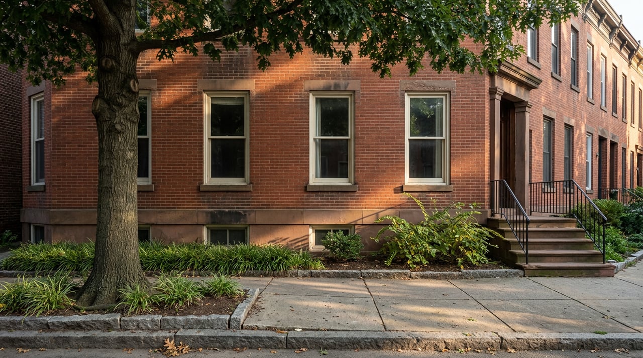 Brick row house beside a broad planted tree lawn, mature oak, and worn brownstone stoop.