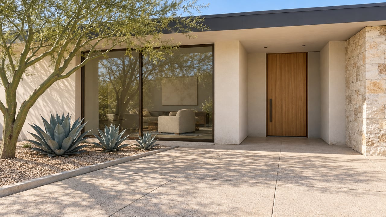 Sunlit flat-roof home with white stucco, limestone entry accent, timber door and a sculptural green-trunk tree beside a broad paved approach.