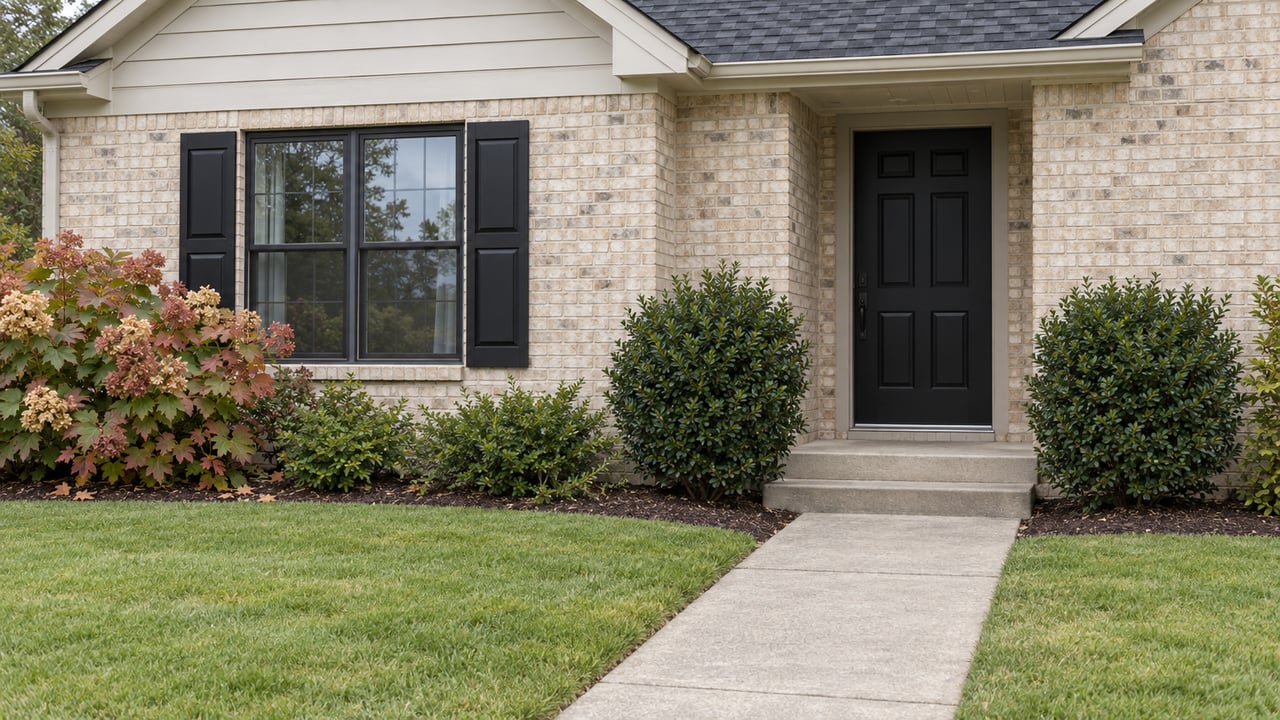 Cream-brick suburban home with a recessed dark front door, shuttered window, concrete walk, and broad lawn.