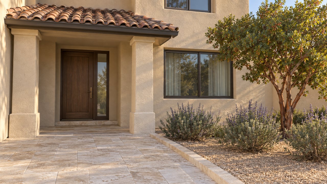 Warm afternoon light across a tan stucco home’s recessed oak entry, clay tile porch roof and limestone approach beside a strawberry tree and Cleveland sage.