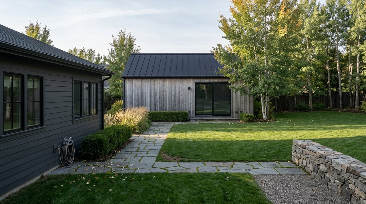 Deep green lawn and flagstone path lead from a dark-sided house to a cedar-clad backyard structure beneath an aspen tree.
