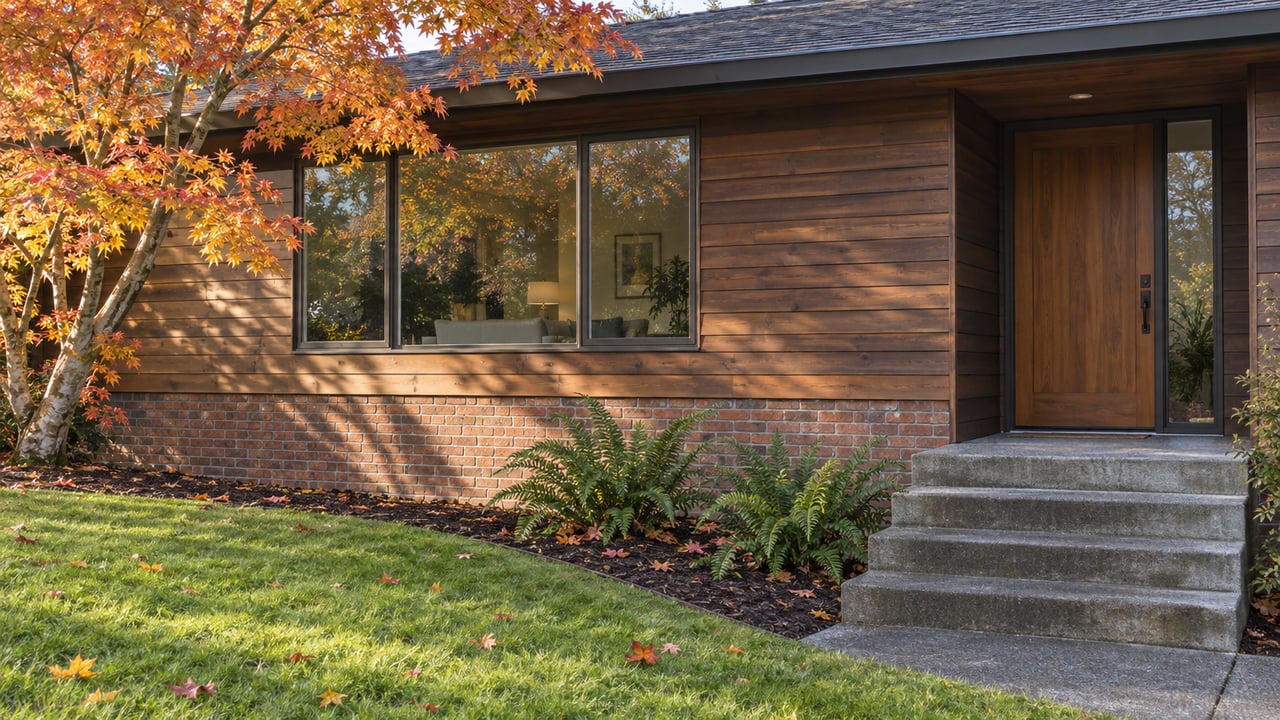 Autumn light on a cedar-and-brick split-level home, with a vine maple, broad front window, and concrete entry steps.