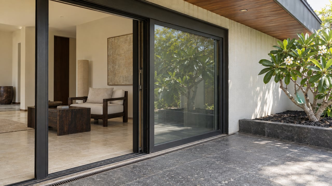 Covered terrace with basalt paving, a dark-framed sliding glass doorway and a pale stone sitting room beside a sculptural flowering tree.