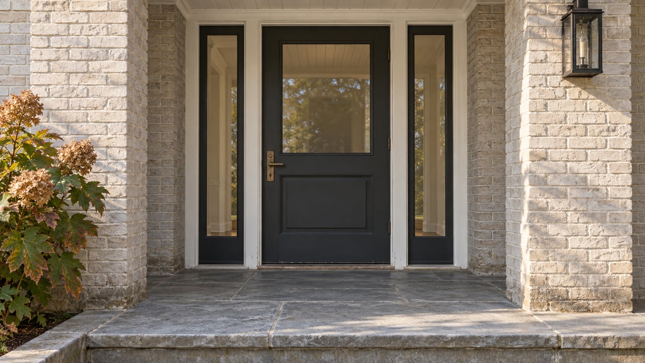 A charcoal front door with matching sidelights recessed into pale painted brick above a weathered limestone porch landing.