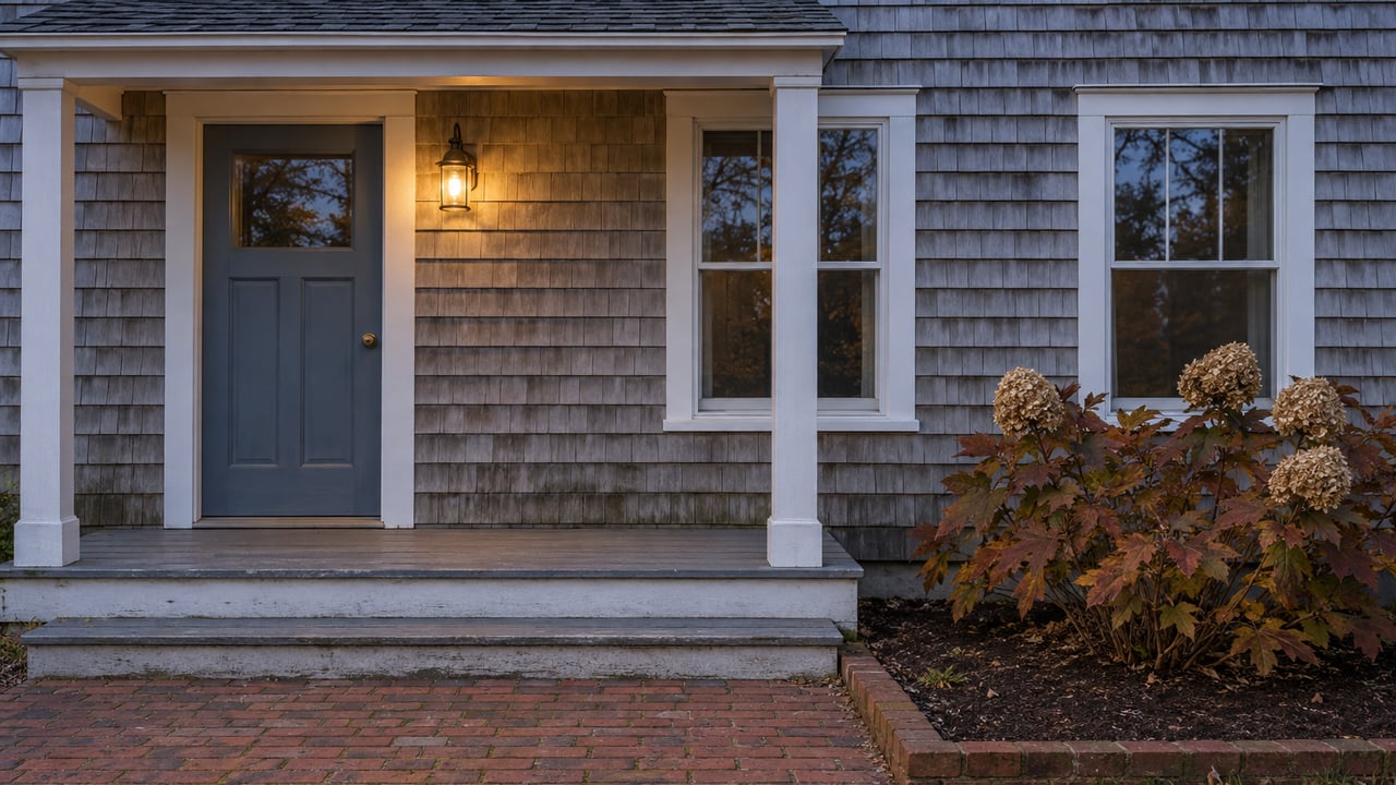 Weathered cedar-shingle home with a muted blue door, white-trimmed sash windows, and a softly lit porch at blue hour.