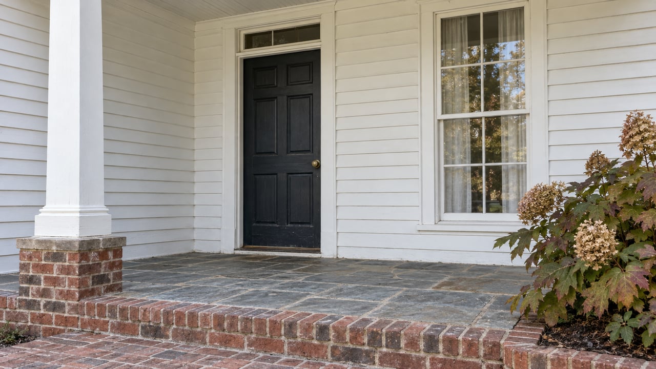 Covered home entry with a dark paneled door, white clapboard, brick steps, gray flagstone and autumn oakleaf hydrangea.