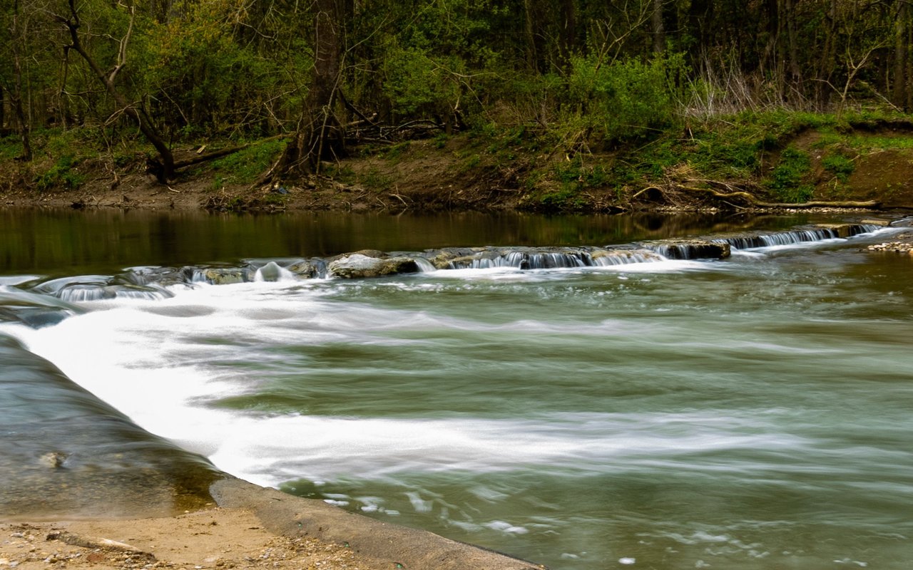 Wooded creek flowing over a low weir, with whitewater in the foreground.