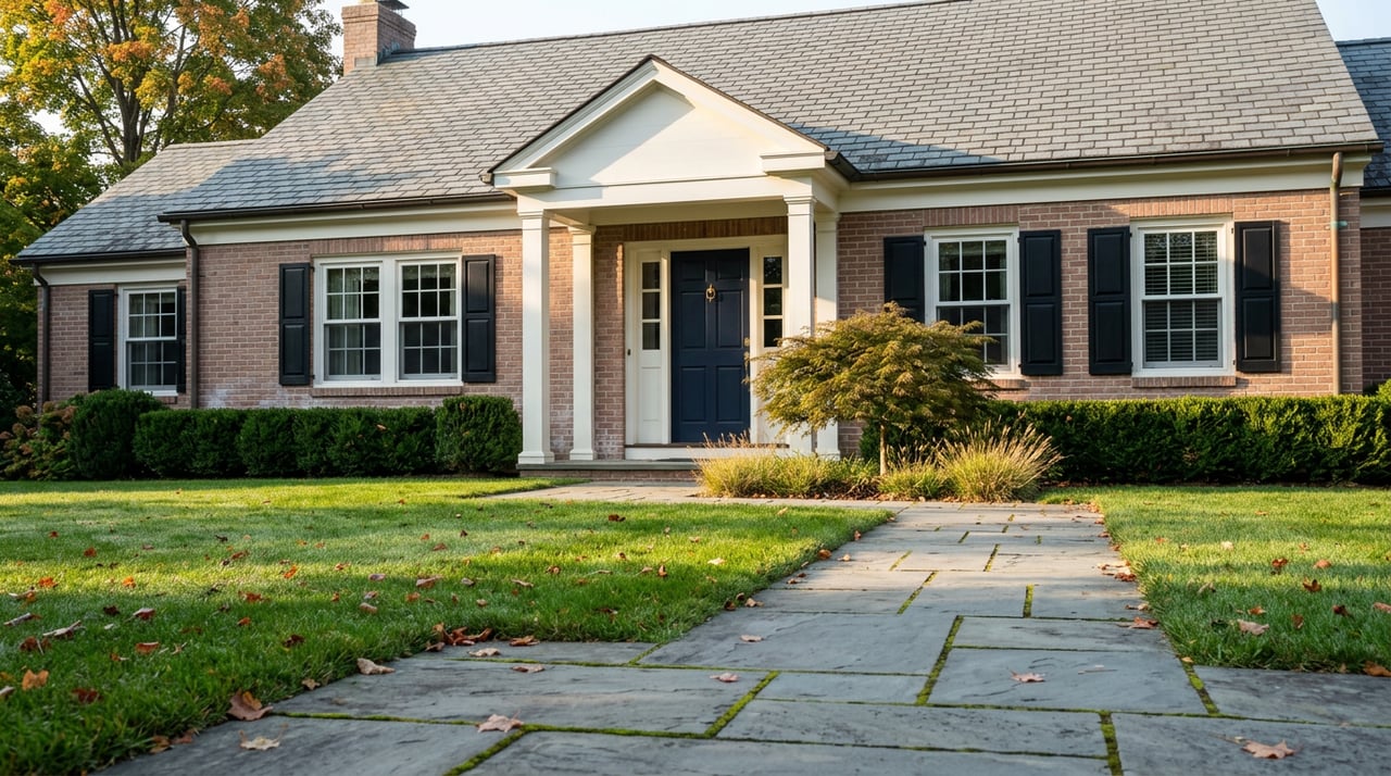 Brick colonial home with a navy door, white portico, slate roof, and maple leaves scattered across the walkway.