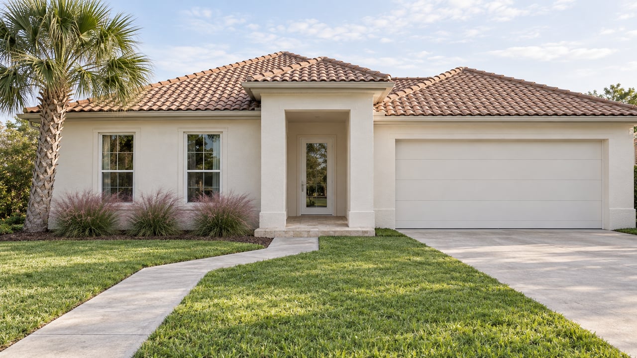 Cream stucco single-story home with a pale terracotta roof, tall windows and a recessed entrance beyond a green lawn and curved concrete walk.