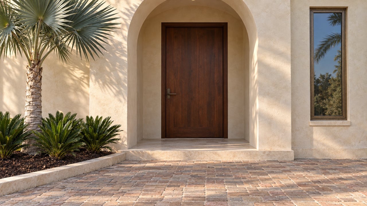 Recessed arched entry with a dark wood door, brick-paver approach, and fan palm beside the façade.