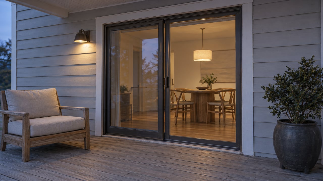 A quiet covered porch with weathered gray decking, a teak chair, and warm light beside closed glass doors.