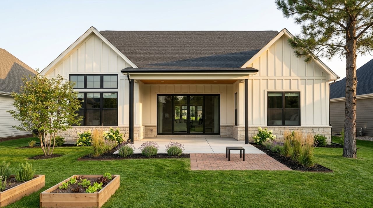 Wide backyard with raised garden beds and a modern farmhouse beyond the lawn.