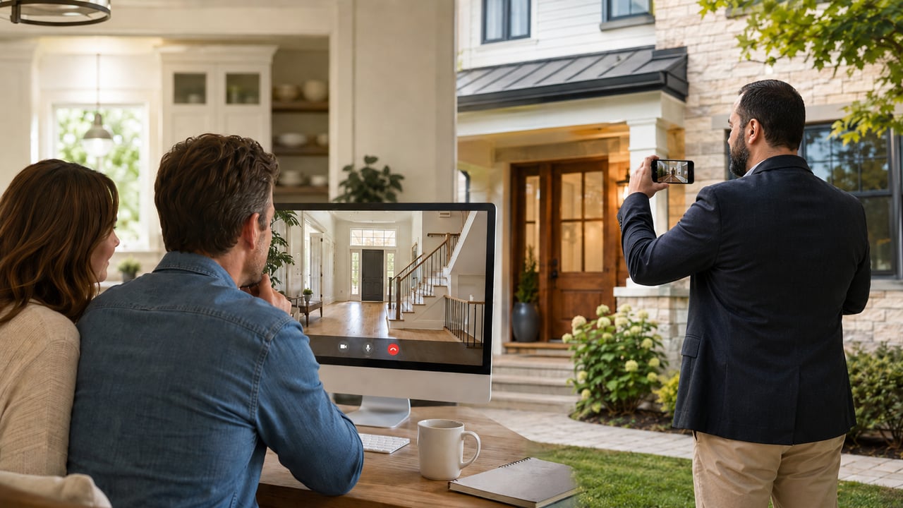 Couple viewing a home virtually on a computer while a real estate agent films the property with a smartphone for a long-distance homebuyer.