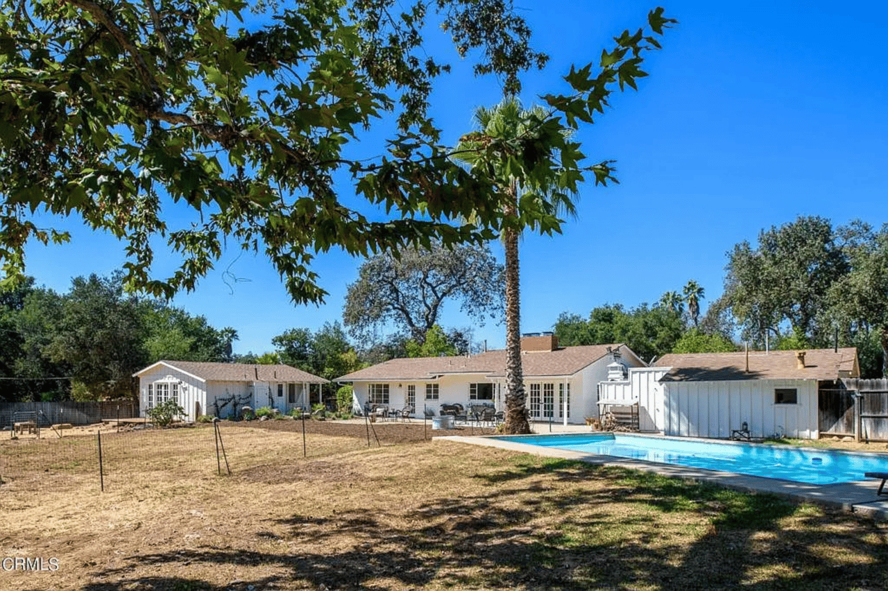 Home’s backyard with a swimming pool, patio seating, detached outbuildings, and a tall palm tree.