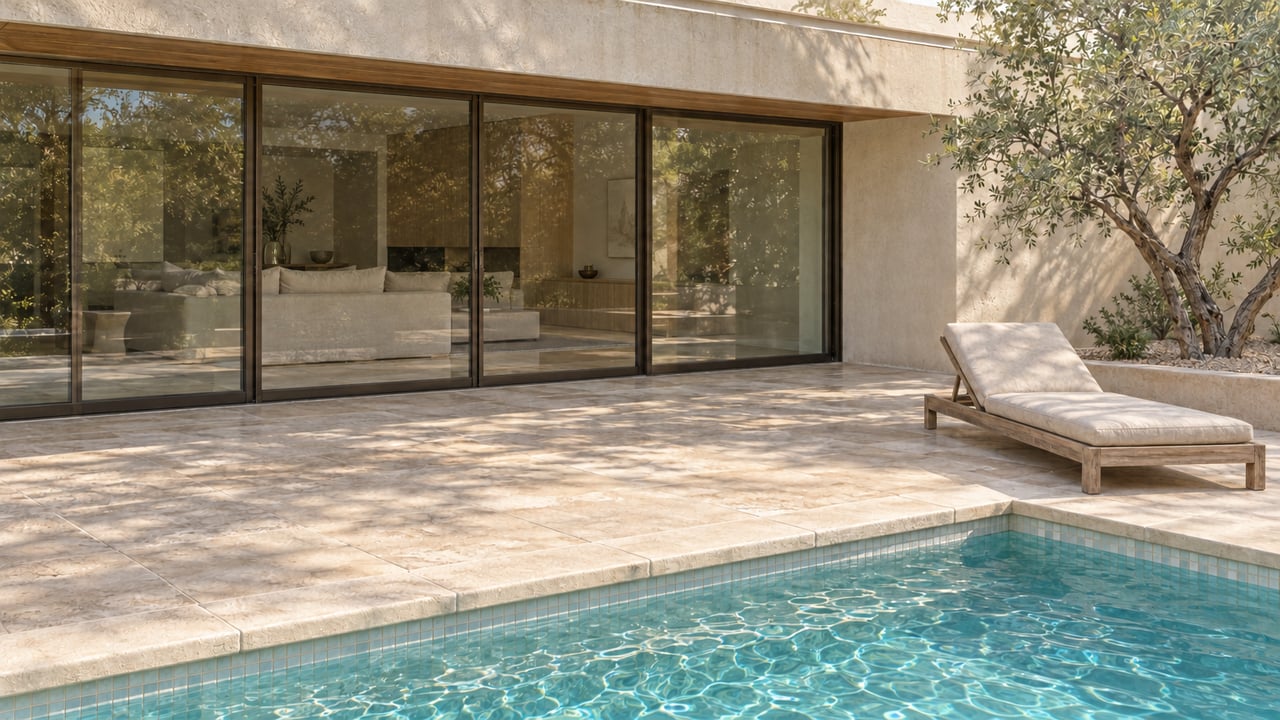 Closed bronze-framed glass encloses a living room overlooking a limestone pool terrace with a teak lounge and desert ironwood.