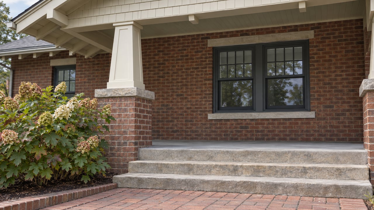 Brick bungalow porch with an ivory tapered column, paired dark sash windows, worn stone steps and an oakleaf hydrangea.