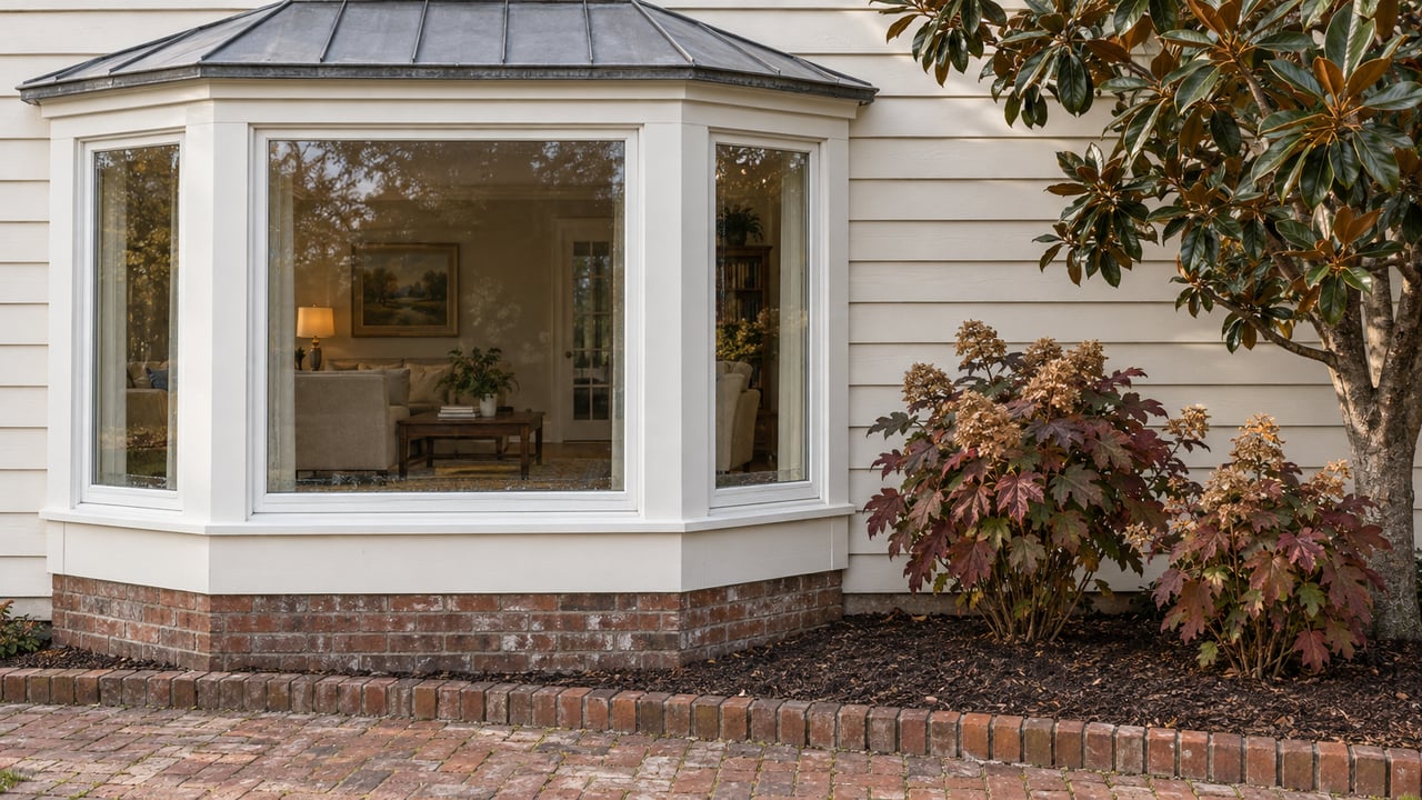 Ivory-sided home with a glazed window bay, weathered brick garden walk, oakleaf hydrangeas and a southern magnolia.