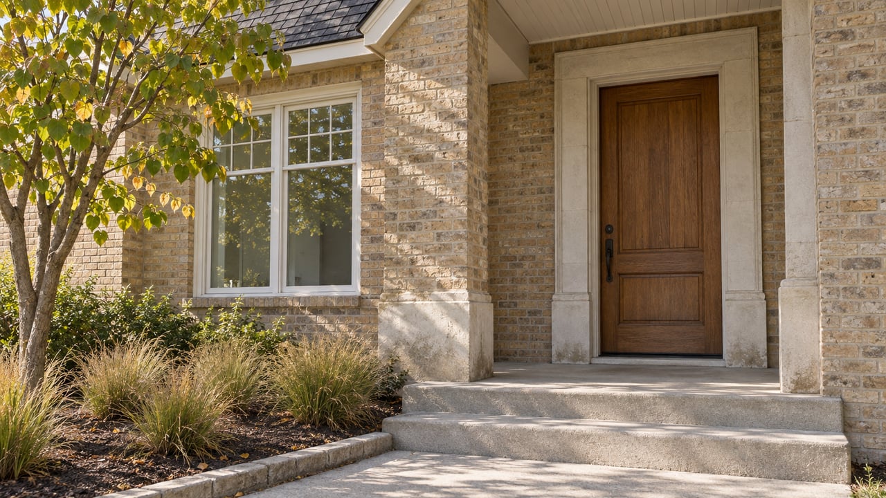 Sunlit buff-brick home entry with an oak door, limestone surround, broad concrete steps and a redbud beside a planted bed.