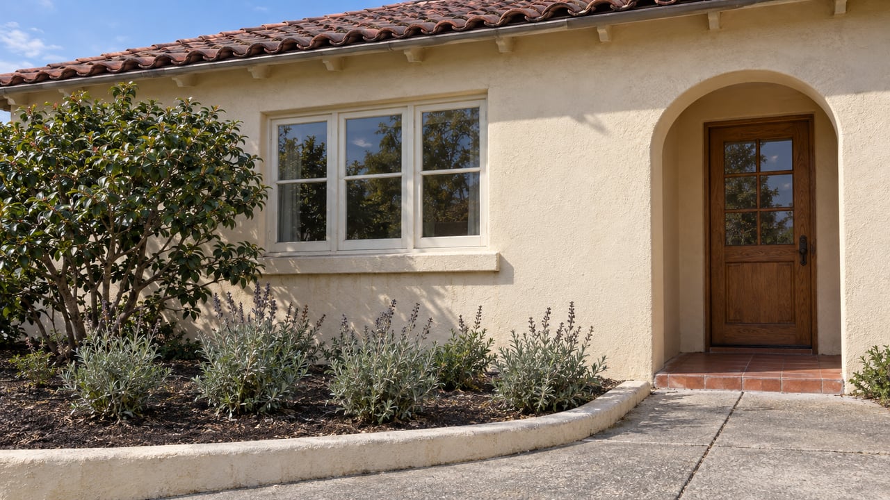 Cream stucco home with a terracotta tile roof, divided-light window, recessed oak entry door and a planted front garden.