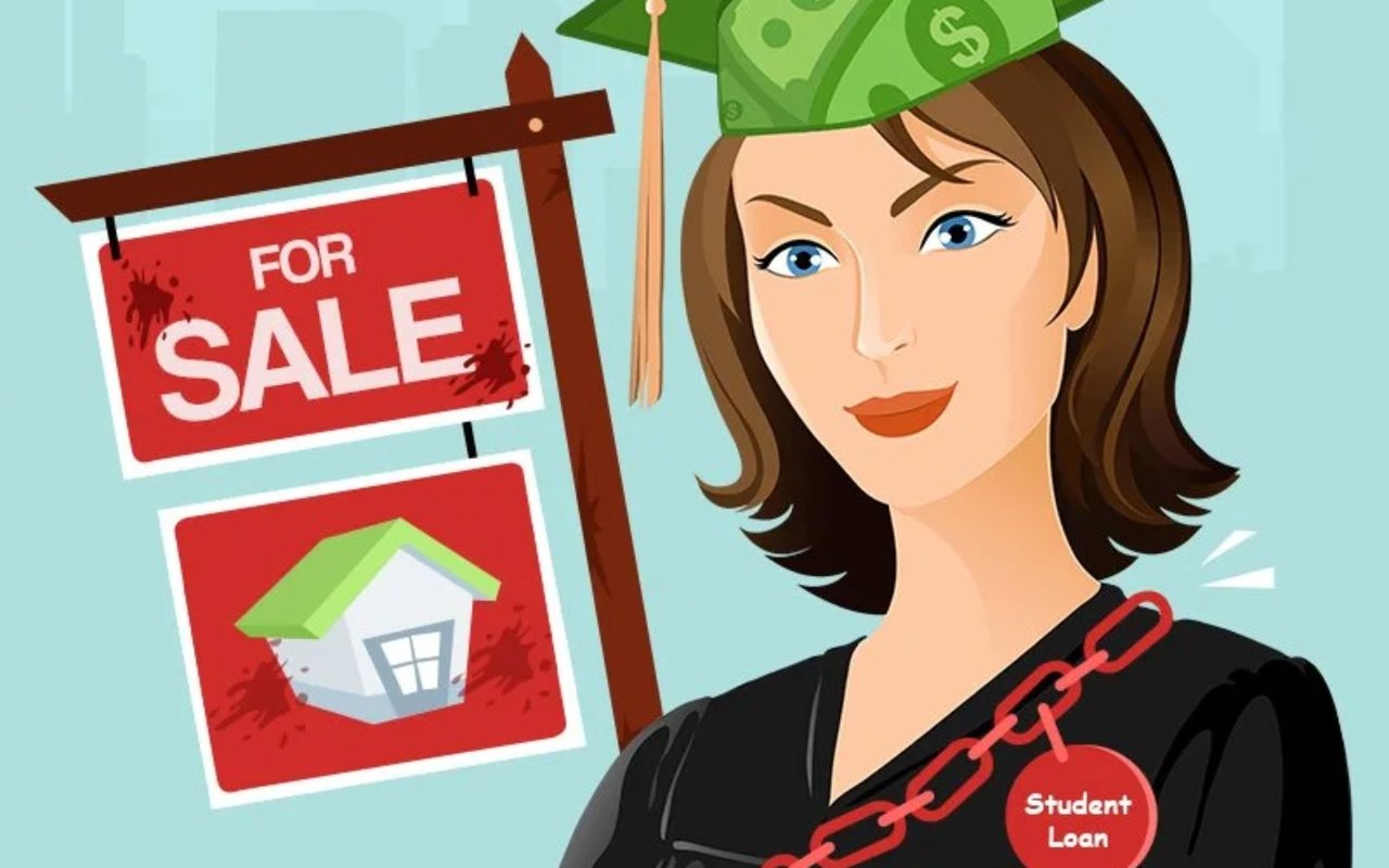 Illustration of a woman in a money graduation cap chained to student loan debt beside home-for-sale signs.