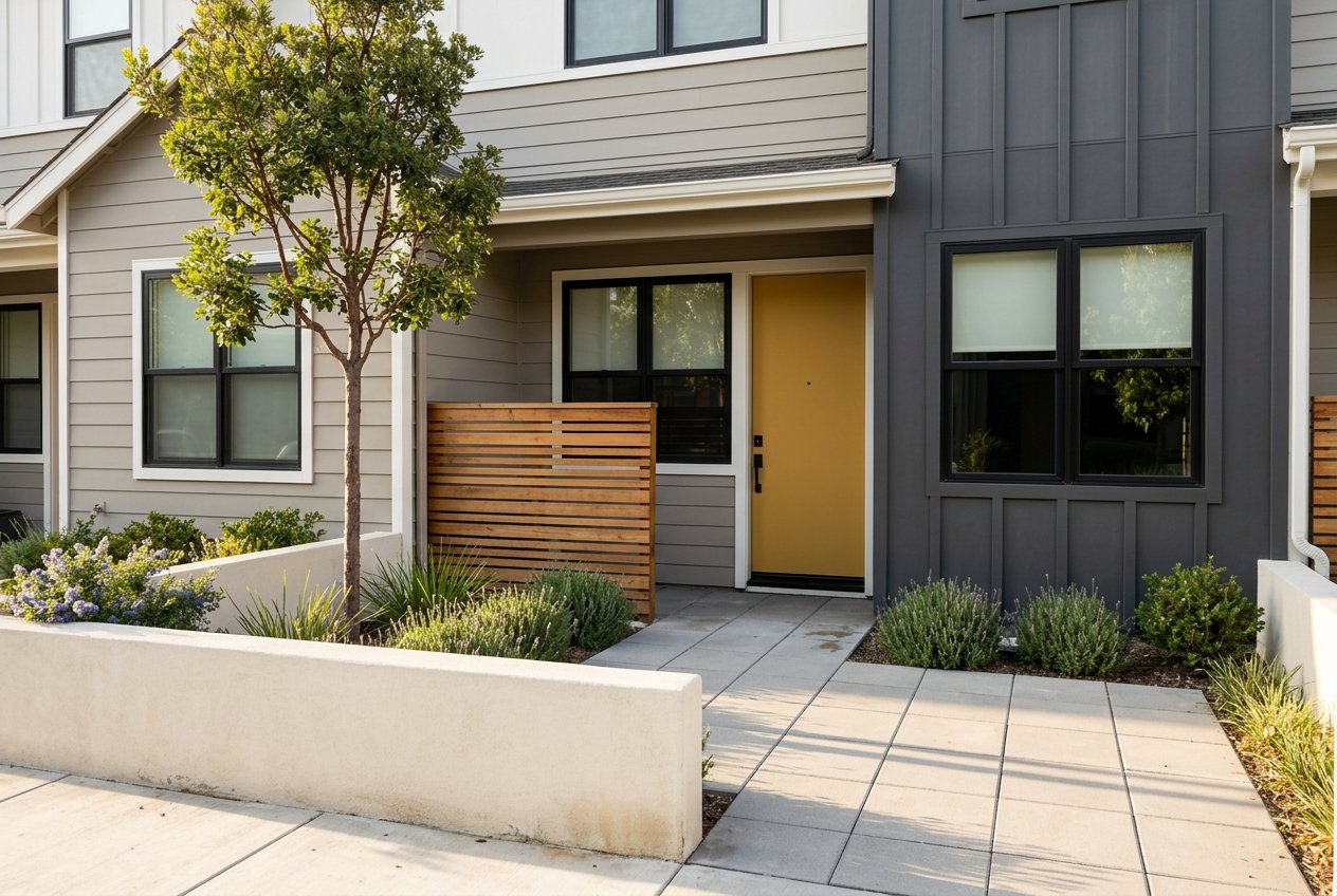 Attached townhome entrance with a central doorway, short approach walk, and neighboring facade sections.