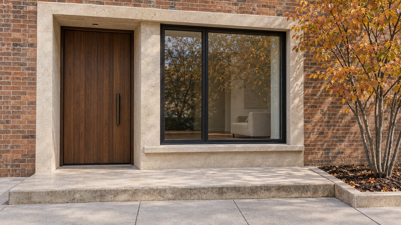 Warm brick condominium entrance with a recessed walnut door, black-framed window, limestone step and amber serviceberry foliage.