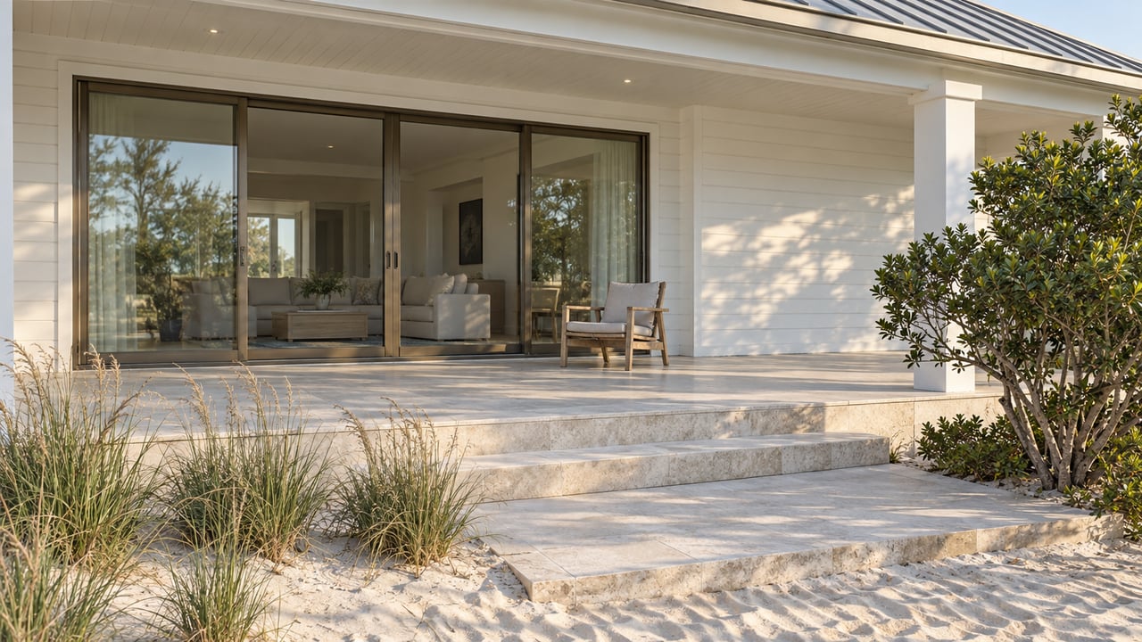 White beach house with a covered limestone terrace, closed bronze-framed glass doors, teak chair and native planting in pale sand.