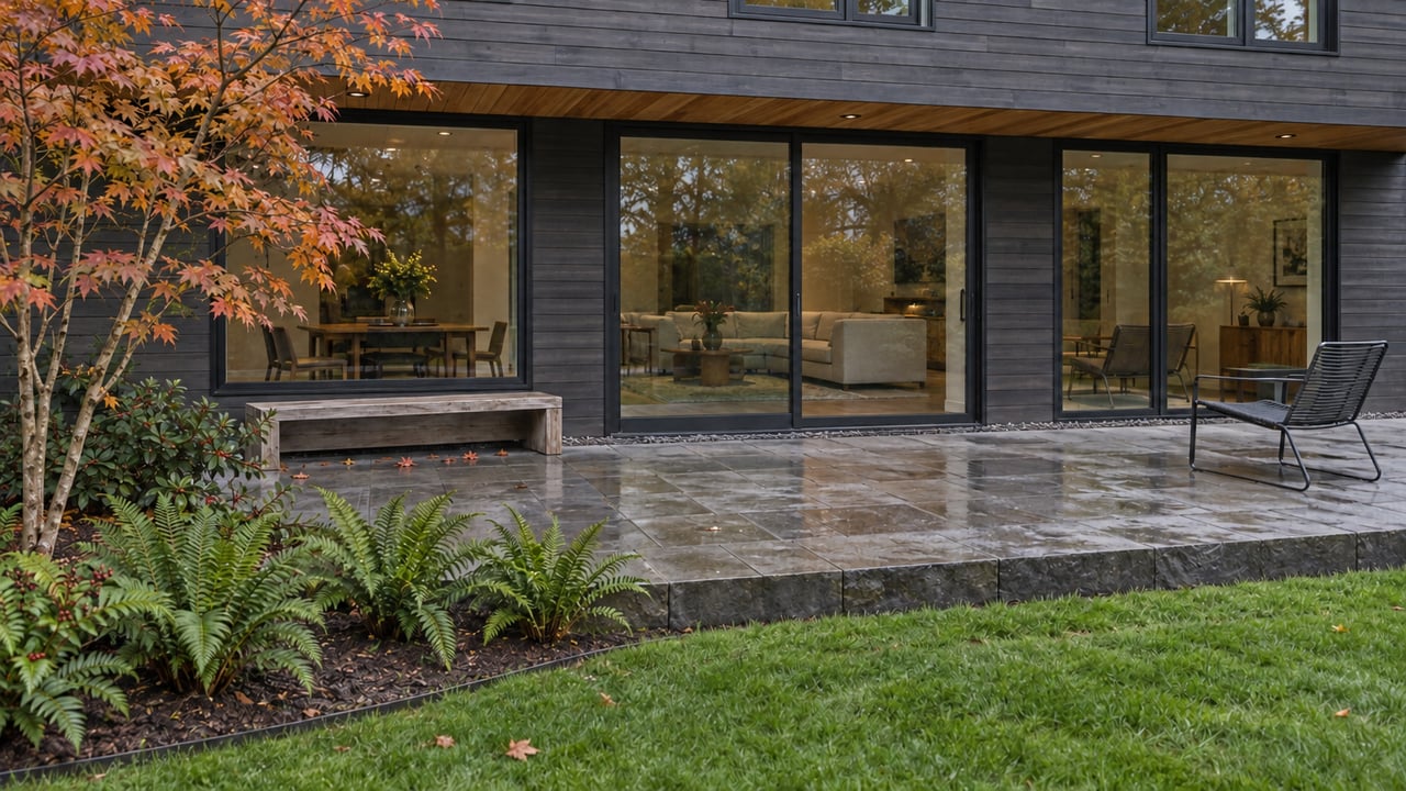 Dark wood-clad home with a closed glass sliding door overlooking a wet stone terrace and autumn garden.