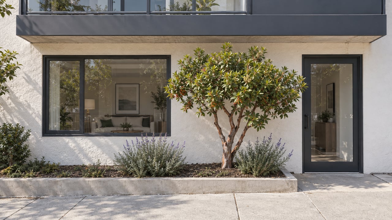 Coastal condominium facade with a glazed entry, projecting balcony, and raised bed with an arbutus tree and sage.