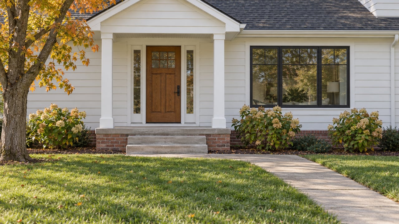 White gabled home with a warm wood front door, brick foundation, broad lawn and early-autumn planting.