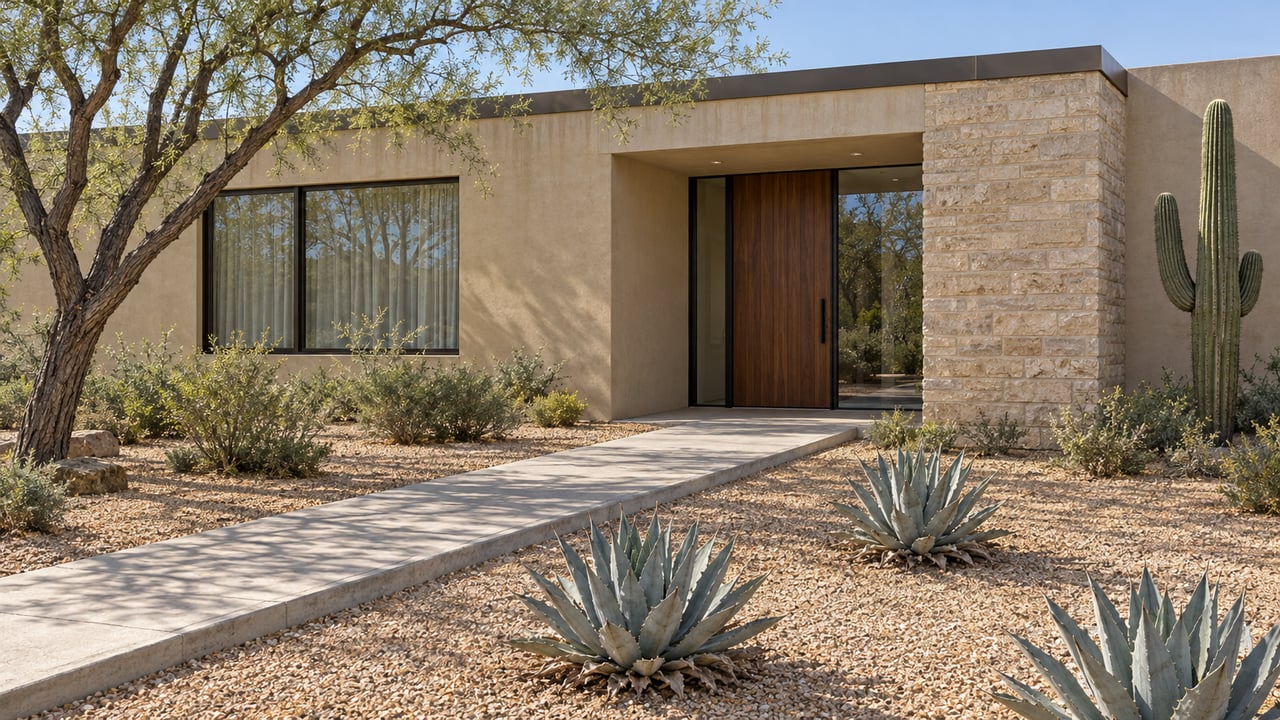 Low desert residence with sand-colored stucco, buff limestone, a sheltered walnut entrance and a broad gravel garden with ironwood, saguaro and agaves.