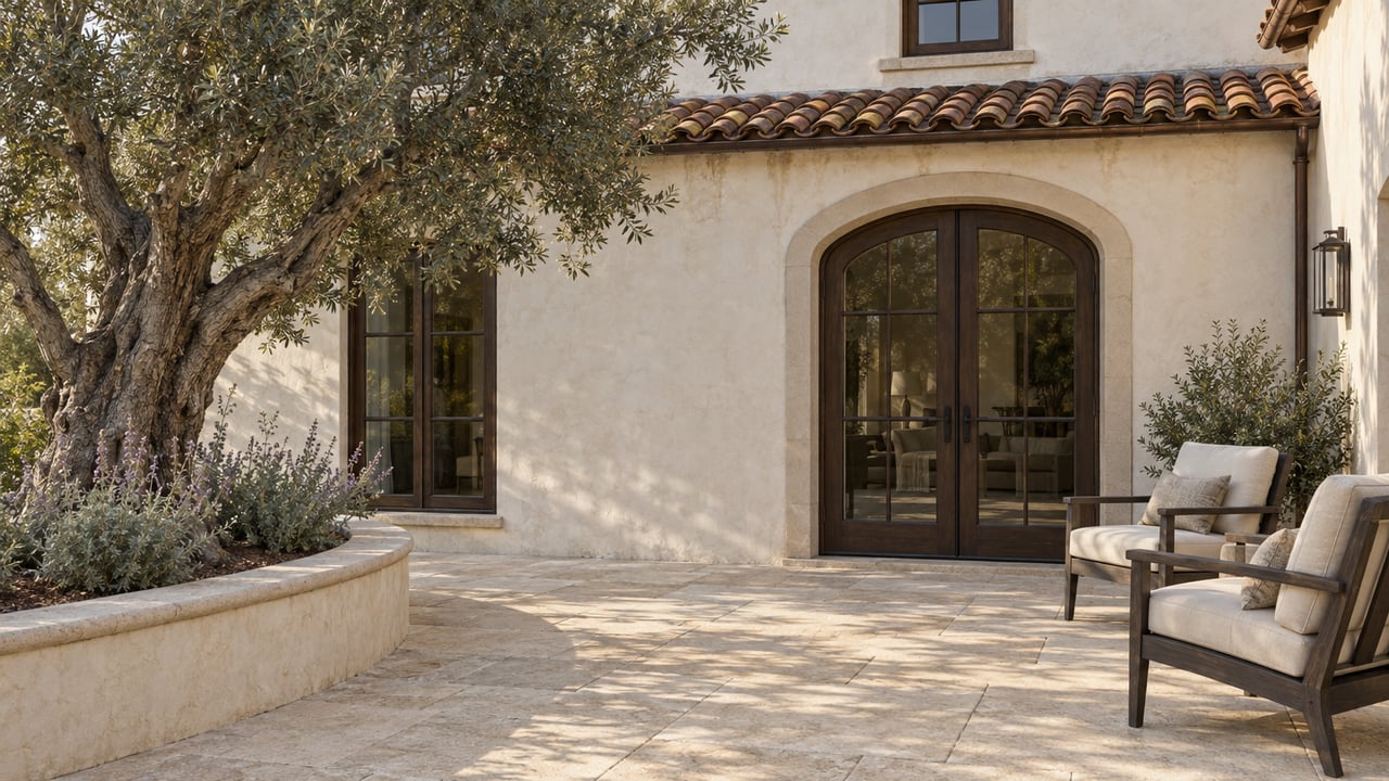 Cream stucco home with an arched glazed doorway, limestone terrace, two oak lounge chairs and a mature olive tree in a raised planter.