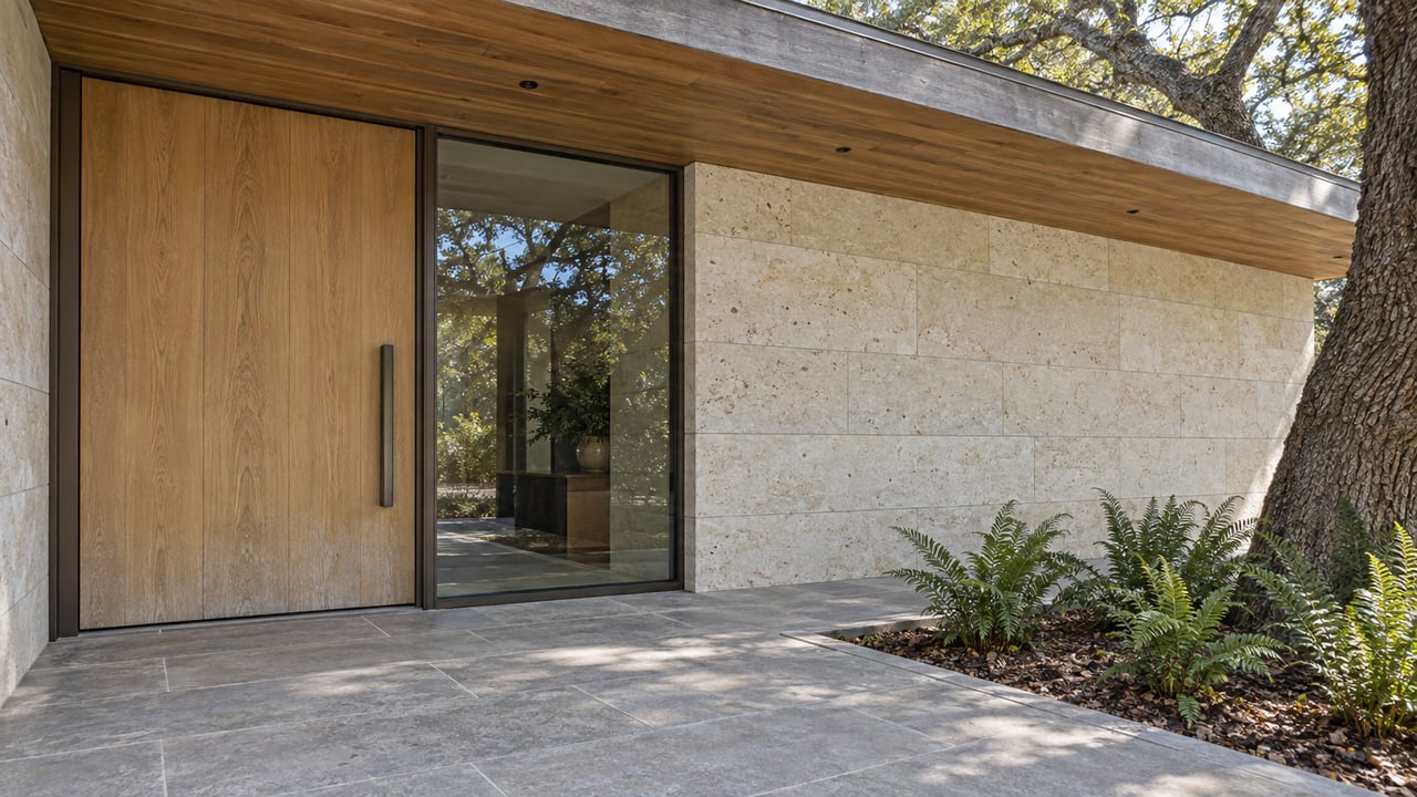 Sheltered oak entrance door and bronze-framed sidelight beside pale limestone, with ferns beneath a mature oak.