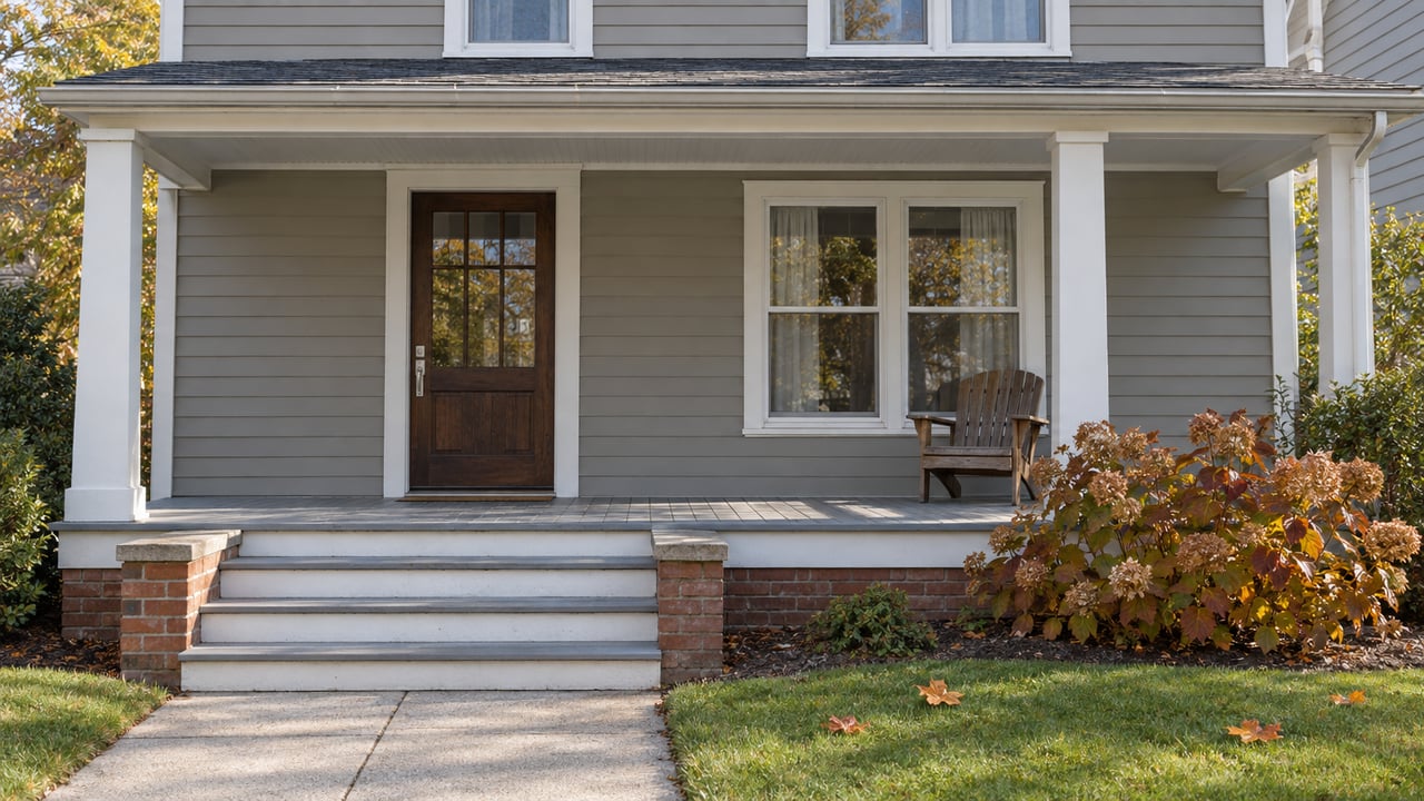 Gray lap-sided home with a covered timber porch, brick foundation, broad steps and an oakleaf hydrangea showing autumn color.