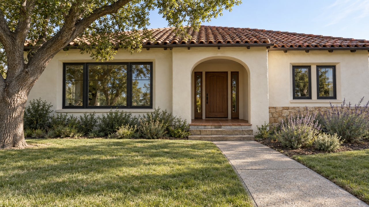 Ivory stucco house with weathered clay roof tiles, an arched entry and black-framed windows beyond a deep lawn and concrete approach.