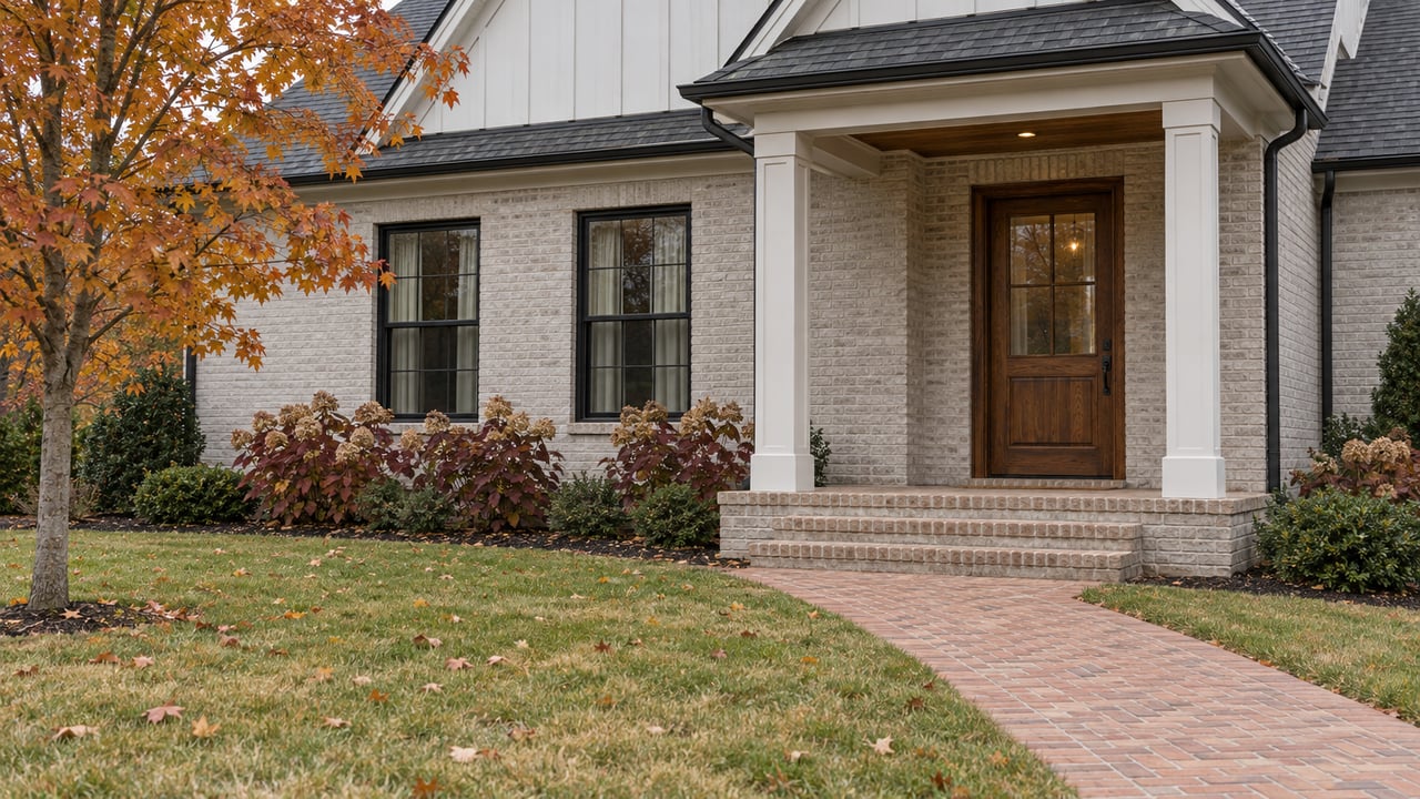 Autumn lawn and brick approach leading to a light-painted brick home with a covered entry, black-framed windows and copper maple leaves.