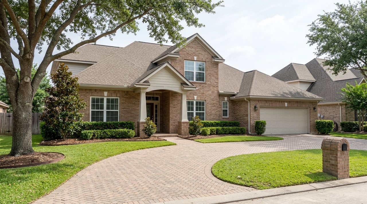 Two-story brick home with a gabled portico, curved paver driveway, and a mature live oak in the foreground.