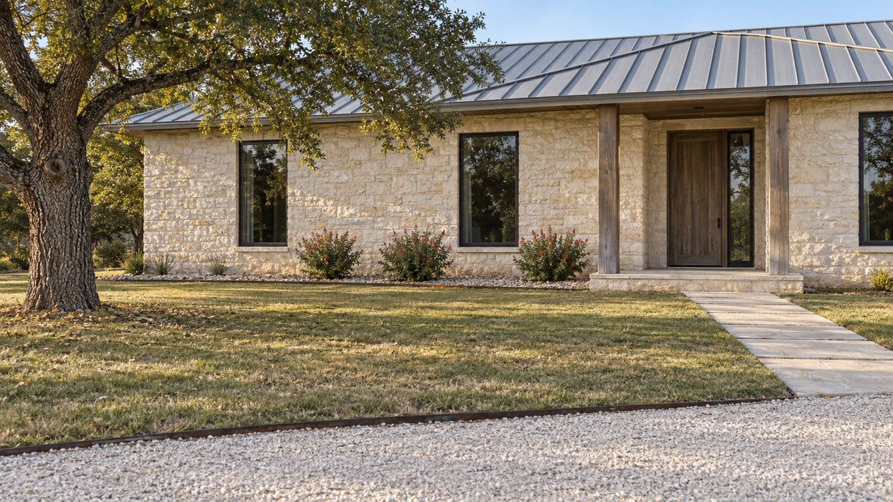 A limestone home with a weathered metal roof, deep front lawn and mature oak in warm afternoon light.