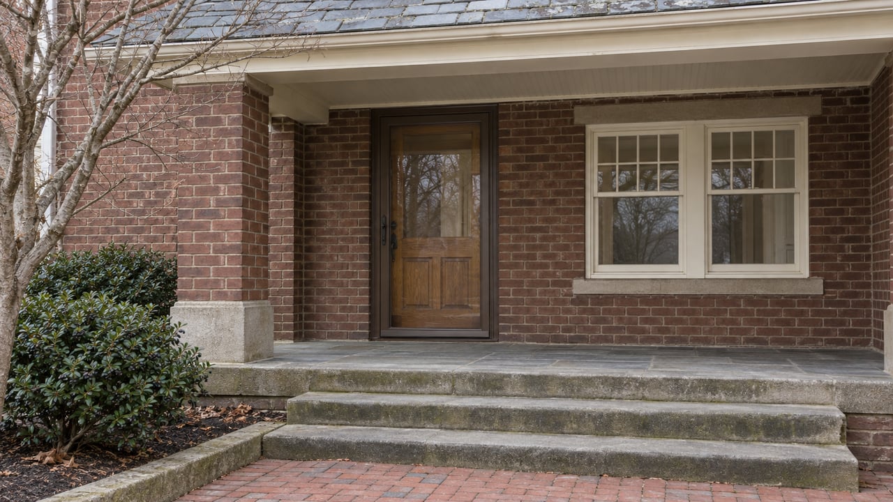 A russet-brick home's sheltered oak entry, cream sash windows and weathered sandstone steps beside winter planting.
