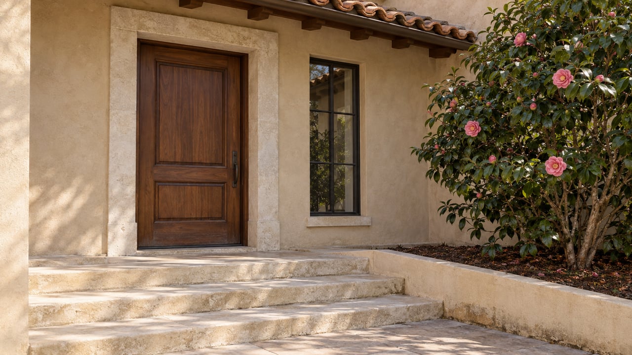 Recessed walnut door in a limestone surround, beside a steel-framed window and camellia bed.