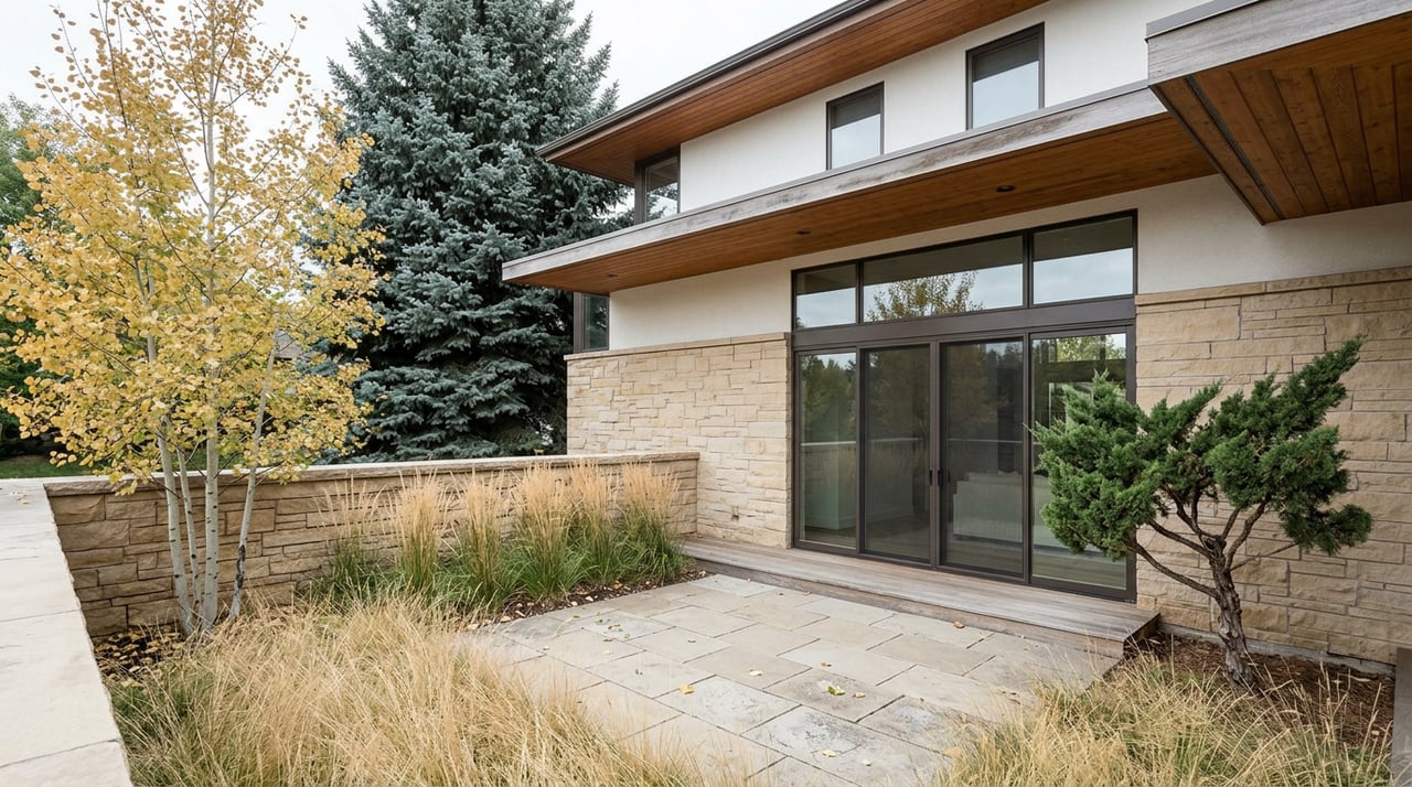 Contemporary stone-and-glass home beside a flagstone courtyard, golden aspens, and a low sandstone wall.