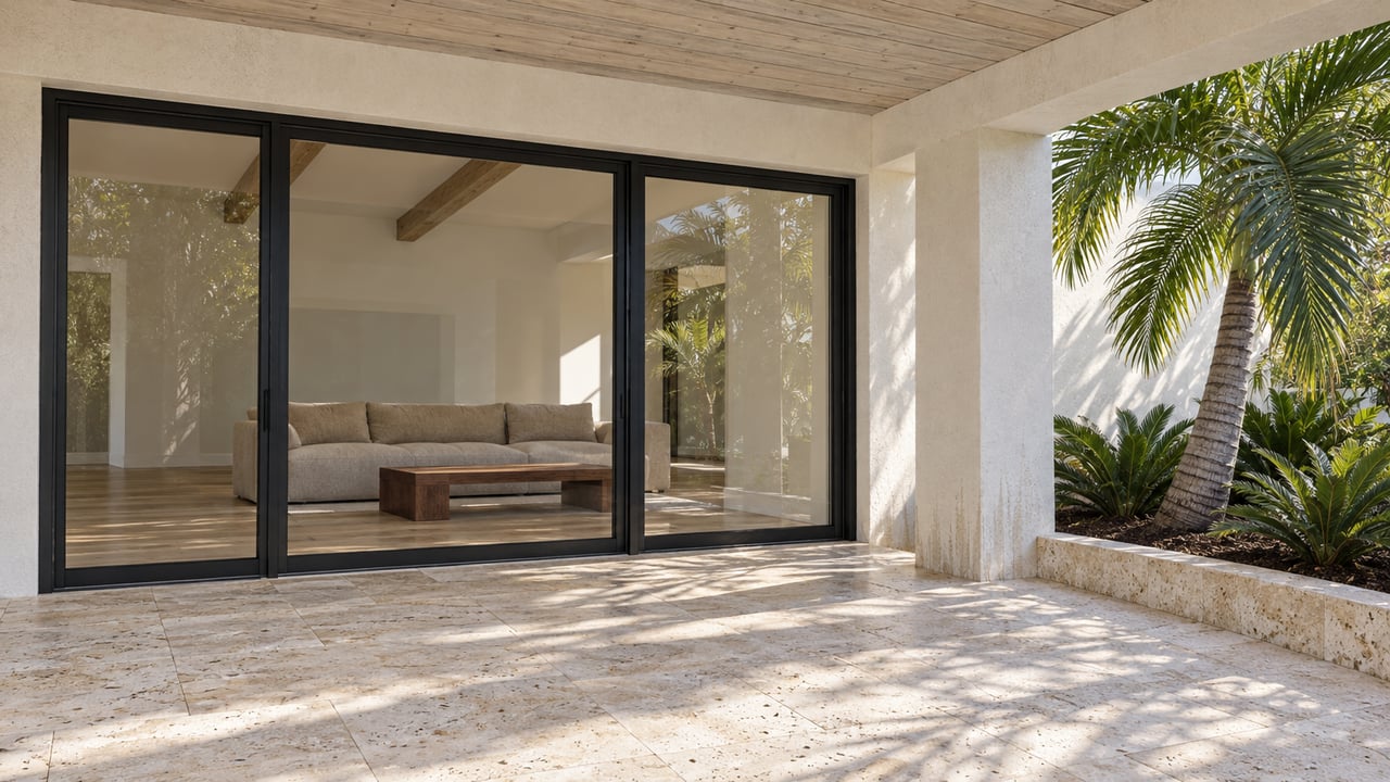 Sunlight and palm shadows cross a limestone terrace beside black-framed glass doors and pale stucco, with an oak-floored living room beyond.
