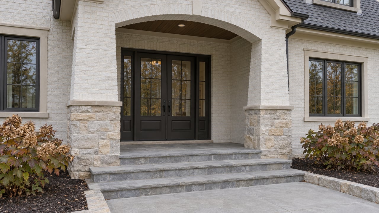 Covered entry of a large painted-brick home with buff stone piers, dark glazed double doors, limestone steps and autumn oakleaf hydrangeas.