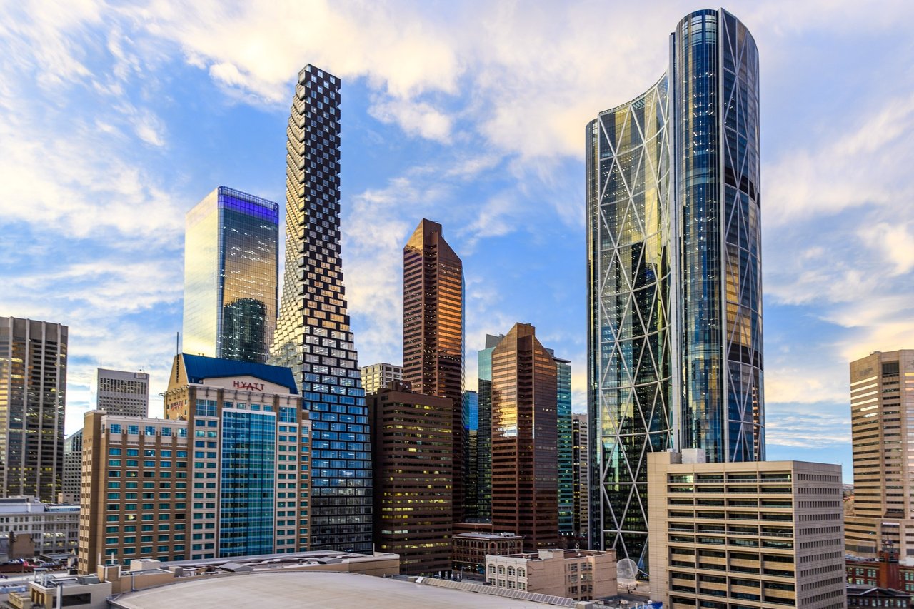 Downtown Calgary, the Telus Sky Building, The Bow, Hyatt Hotel, and the Suncor Tower. 