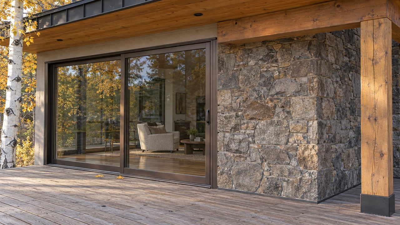 Autumn light grazes a timber-and-stone home beside a closed glass door and a golden-leaved aspen.