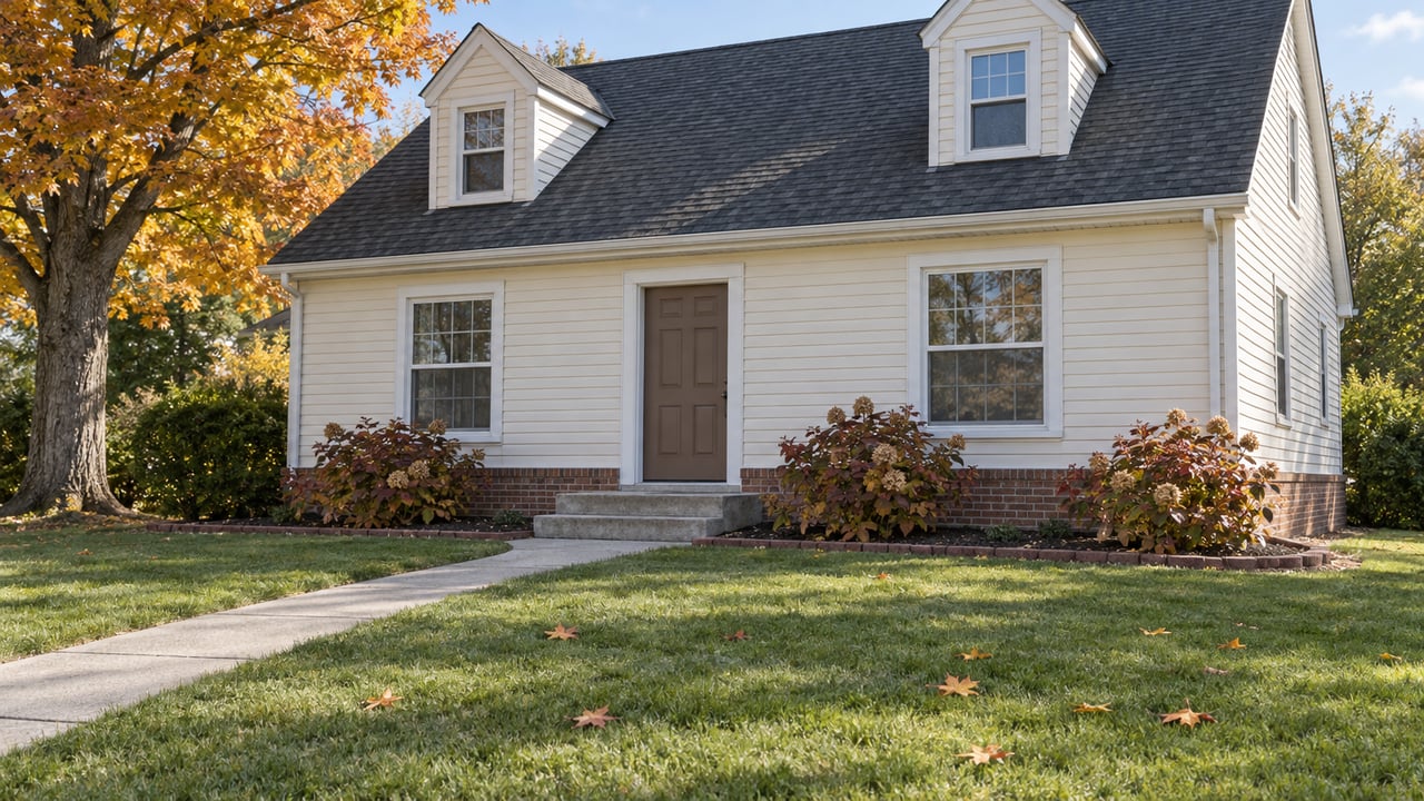 An ivory-sided home with two dormers, a deep front lawn, concrete entry walk and an autumn sugar maple.