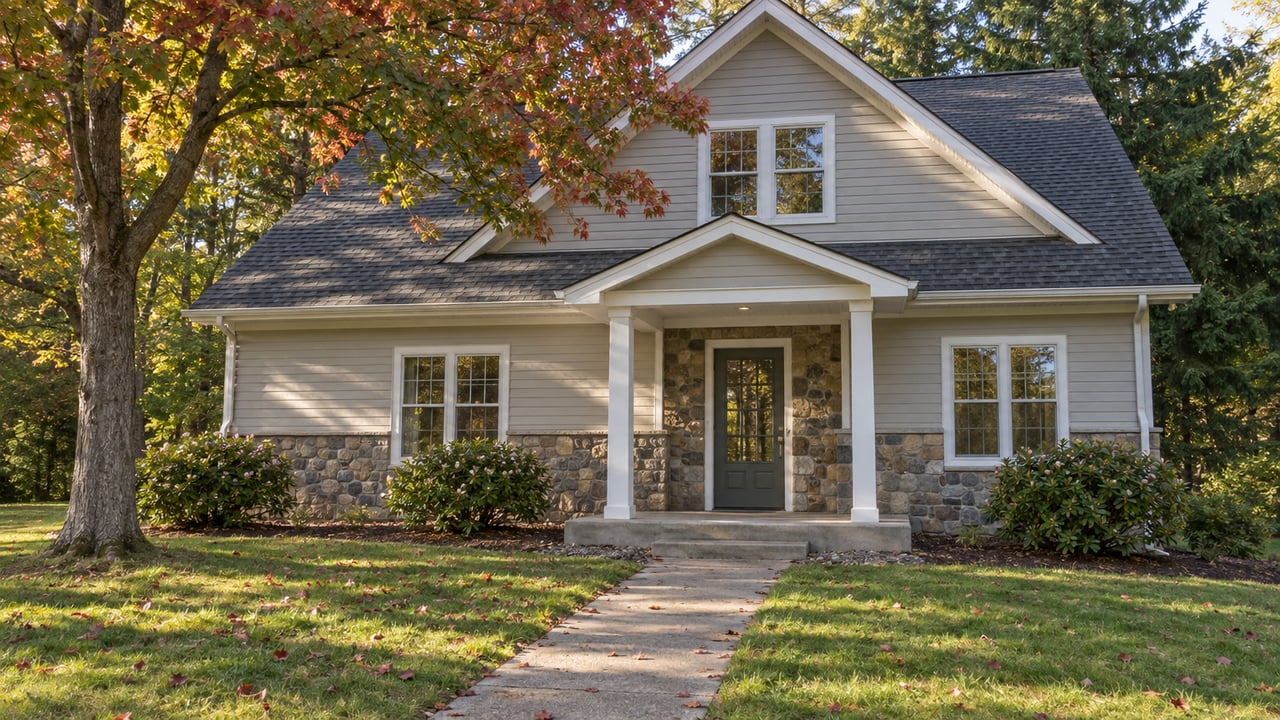 Woodland clubhouse with a covered entrance, fieldstone lower walls, and a broad lawn beneath trees.