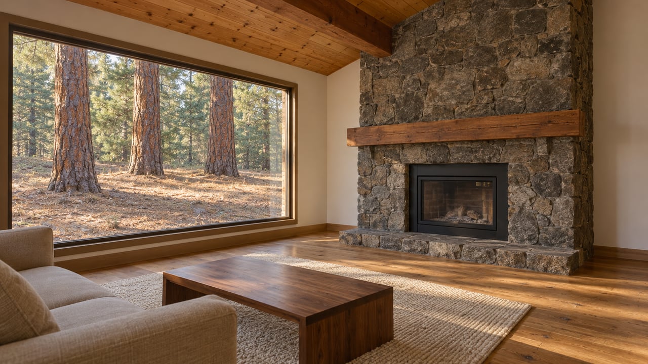 Warm cedar living room with basalt fireplace, oatmeal sofa, and a large closed window facing ponderosa pine trunks.