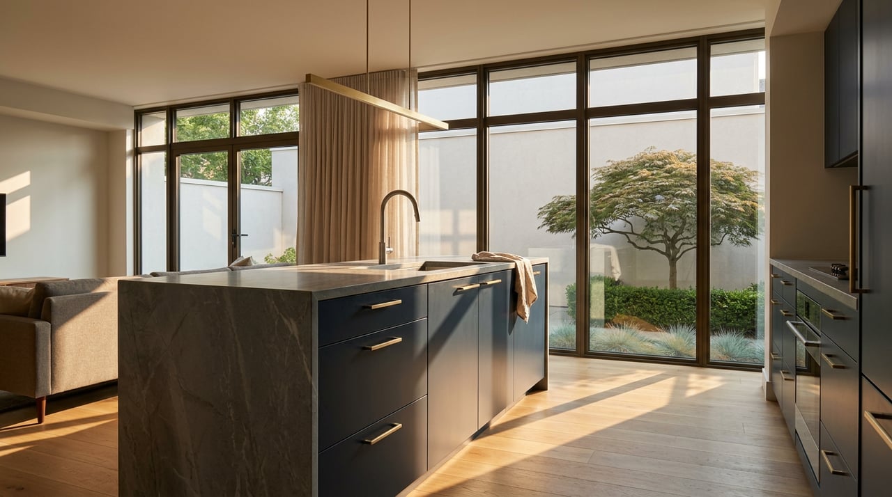 Navy kitchen island and oak floor crossed by long window shadows, with a Japanese maple visible beyond the glazed wall.